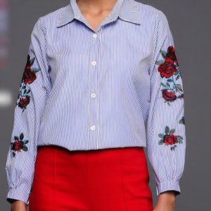 Women's Rose Floral Embroidered Navy Blue & White Stripped Shirt Blouse Top